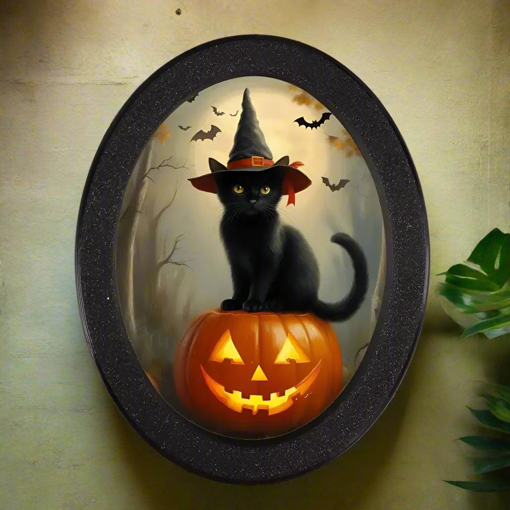 Halloween Black Cat & Pumpkin Wooden Oval Frame - Gothic Oval Wall Art for Halloween Home Decor-MoonChildWorld
