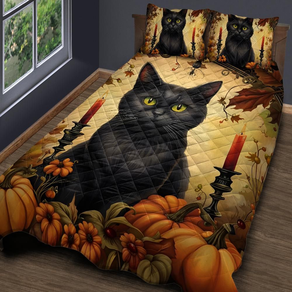Halloween Black Cat Quilt Bedding Set for Spooky Home Decor-MoonChildWorld
