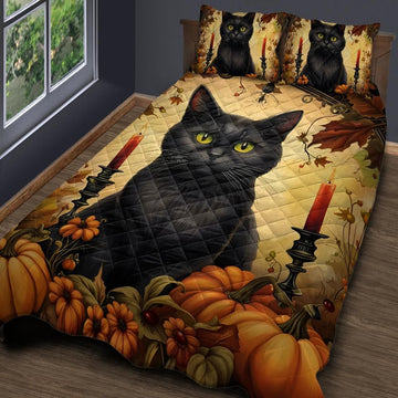 Halloween Black Cat Quilt Bedding Set for Spooky Home Decor-MoonChildWorld