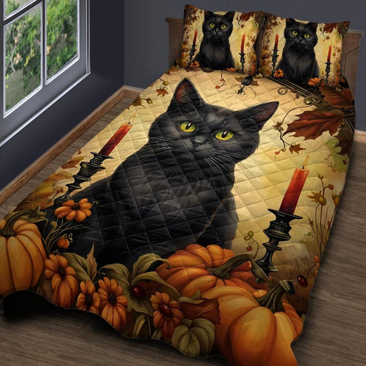 Halloween Black Cat Quilt Bedding Set for Spooky Home Decor-MoonChildWorld