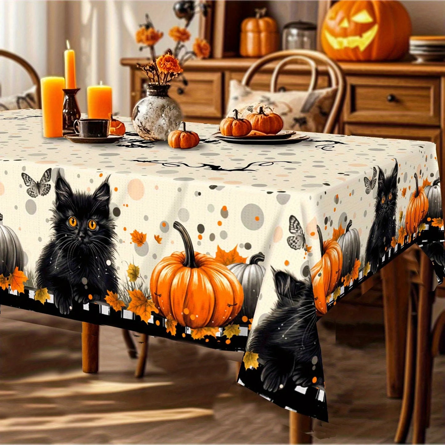 Halloween Black Cat Tablecloth Witchy Rectangle Table Decor-MoonChildWorld