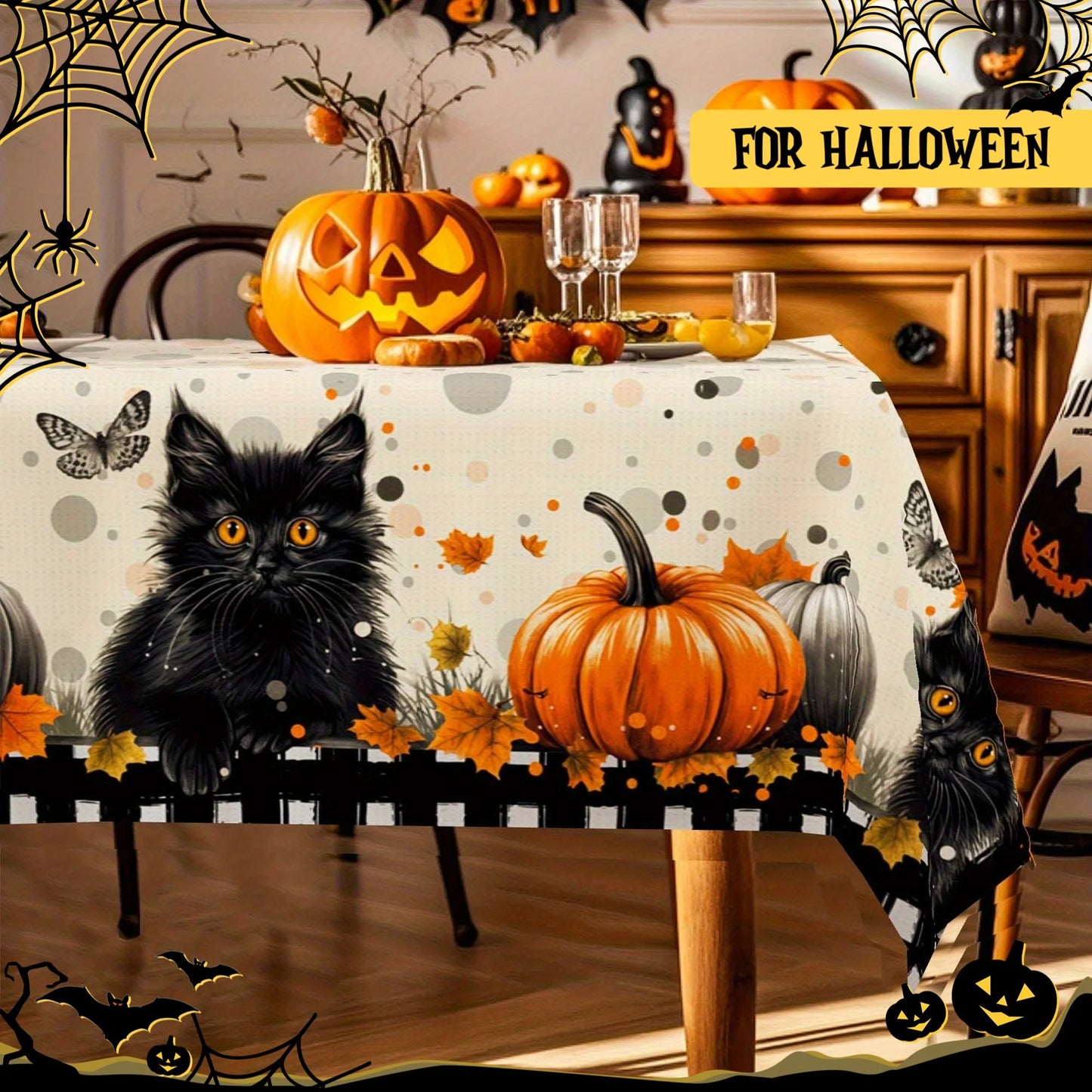Halloween Black Cat Tablecloth Witchy Rectangle Table Decor-MoonChildWorld