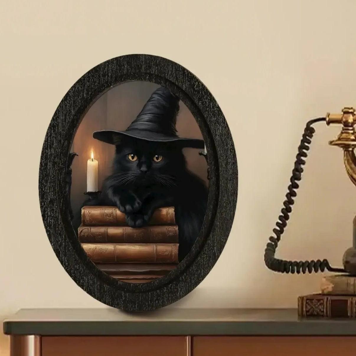 Halloween Black Cat Wooden Oval Frame - Gothic Oval Wall Art for Witchy Home Decor-MoonChildWorld