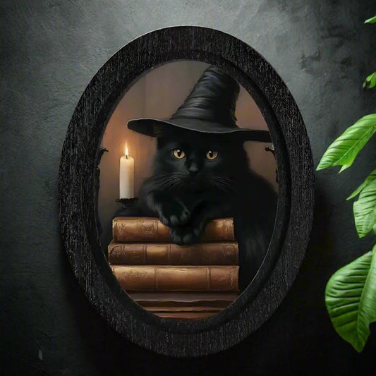 Halloween Black Cat Wooden Oval Frame - Gothic Oval Wall Art for Witchy Home Decor-MoonChildWorld
