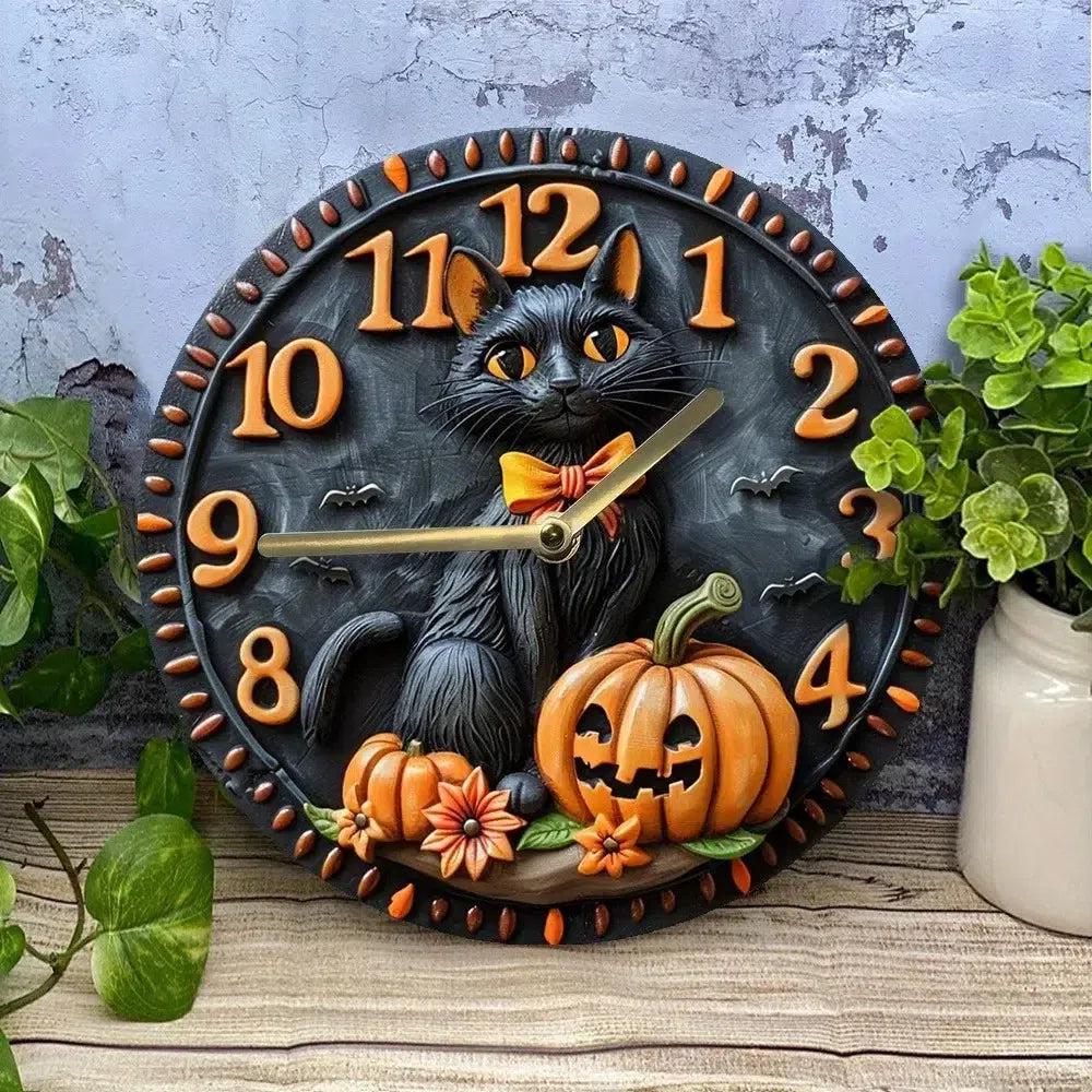 Halloween Black Cat Wooden Wall Clock Witchy Cat Clock Home Decor-MoonChildWorld