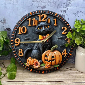 Halloween Black Cat Wooden Wall Clock Witchy Cat Clock Home Decor-MoonChildWorld