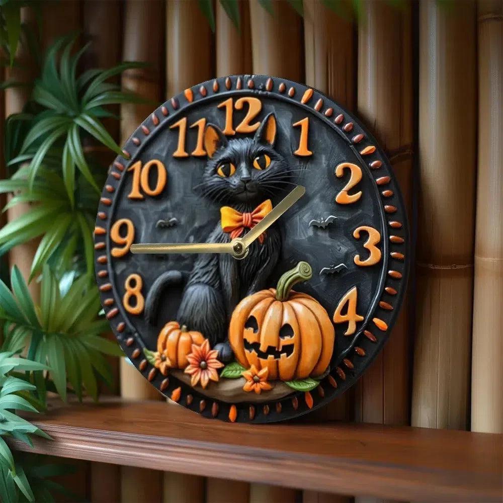Halloween Black Cat Wooden Wall Clock Witchy Cat Clock Home Decor-MoonChildWorld