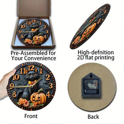 Halloween Black Cat Wooden Wall Clock Witchy Cat Clock Home Decor-MoonChildWorld
