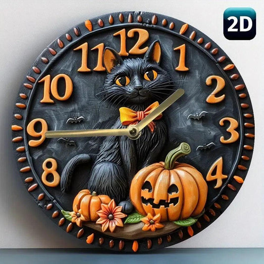 Halloween Black Cat Wooden Wall Clock Witchy Cat Clock Home Decor-MoonChildWorld