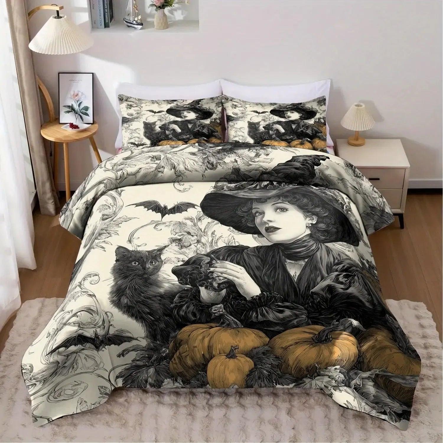 Halloween Black Cat and Witch Duvet Cover Set Gothic Vintage Bedding Set-MoonChildWorld