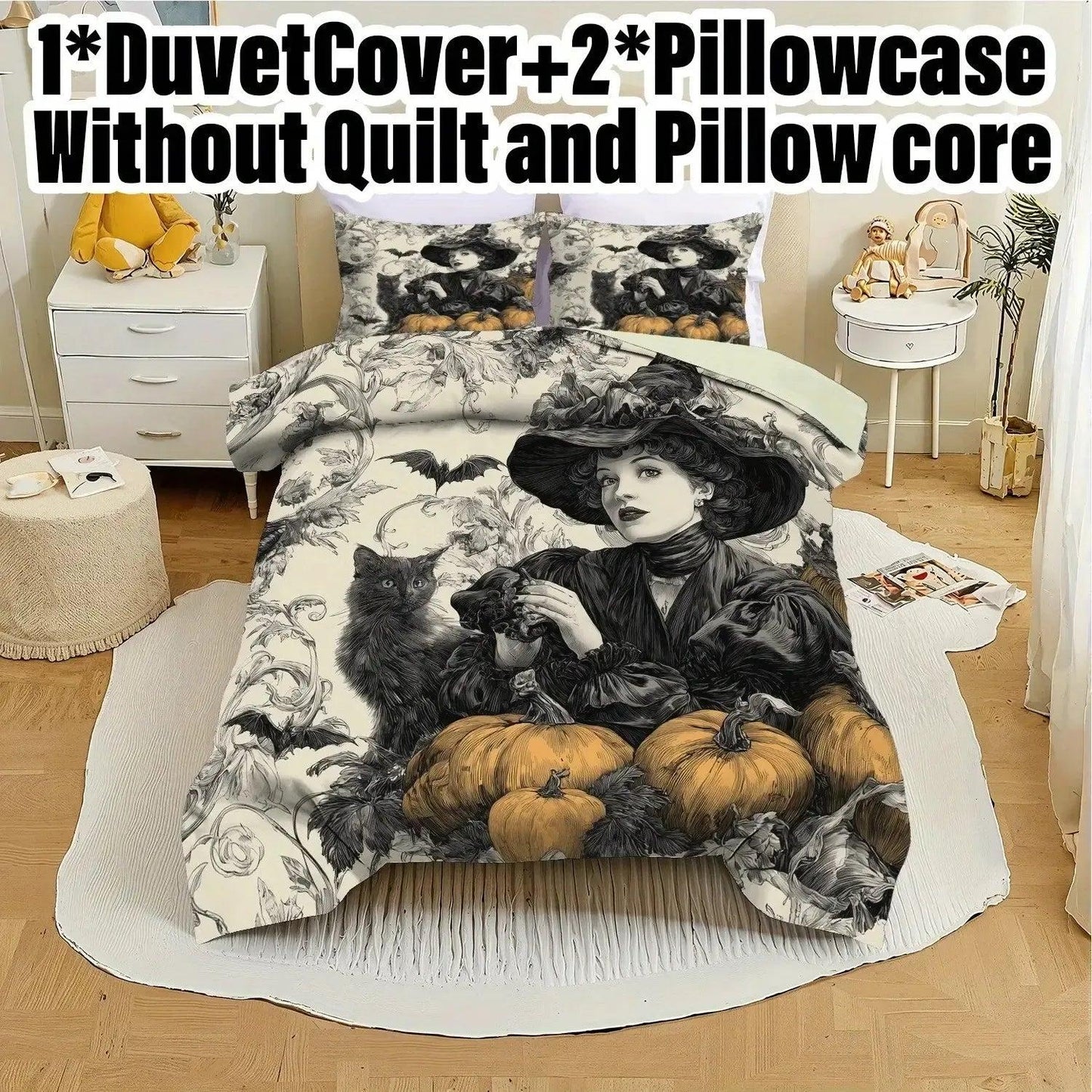 Halloween Black Cat and Witch Duvet Cover Set Gothic Vintage Bedding Set-MoonChildWorld