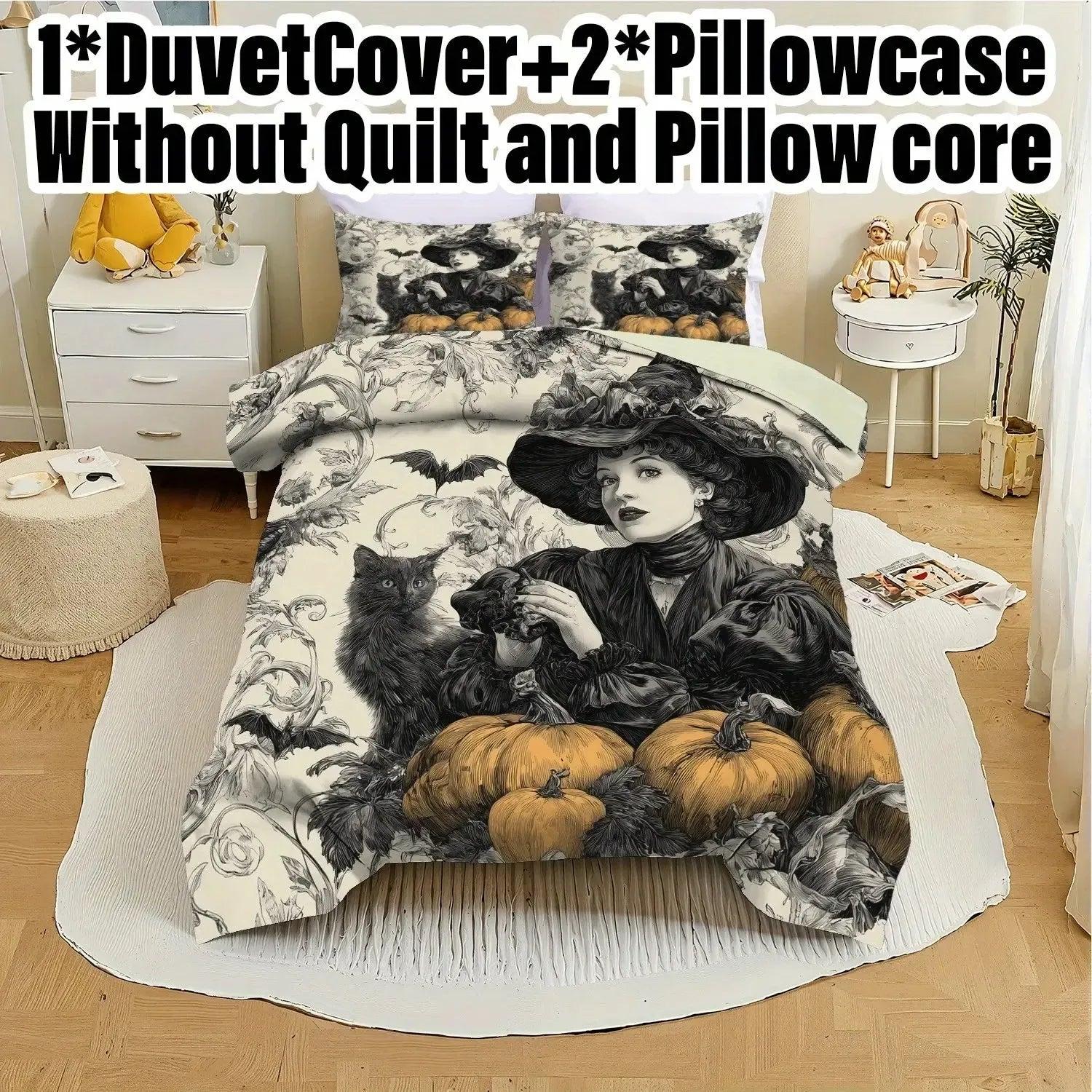 Halloween Black Cat and Witch Duvet Cover Set Gothic Vintage Bedding Set-MoonChildWorld
