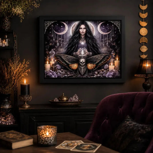 Halloween Black Framed Art Print Canvas for Witch Home Decor - Death Moth Gothic Decor with Triple Moon_mockup_1.webp