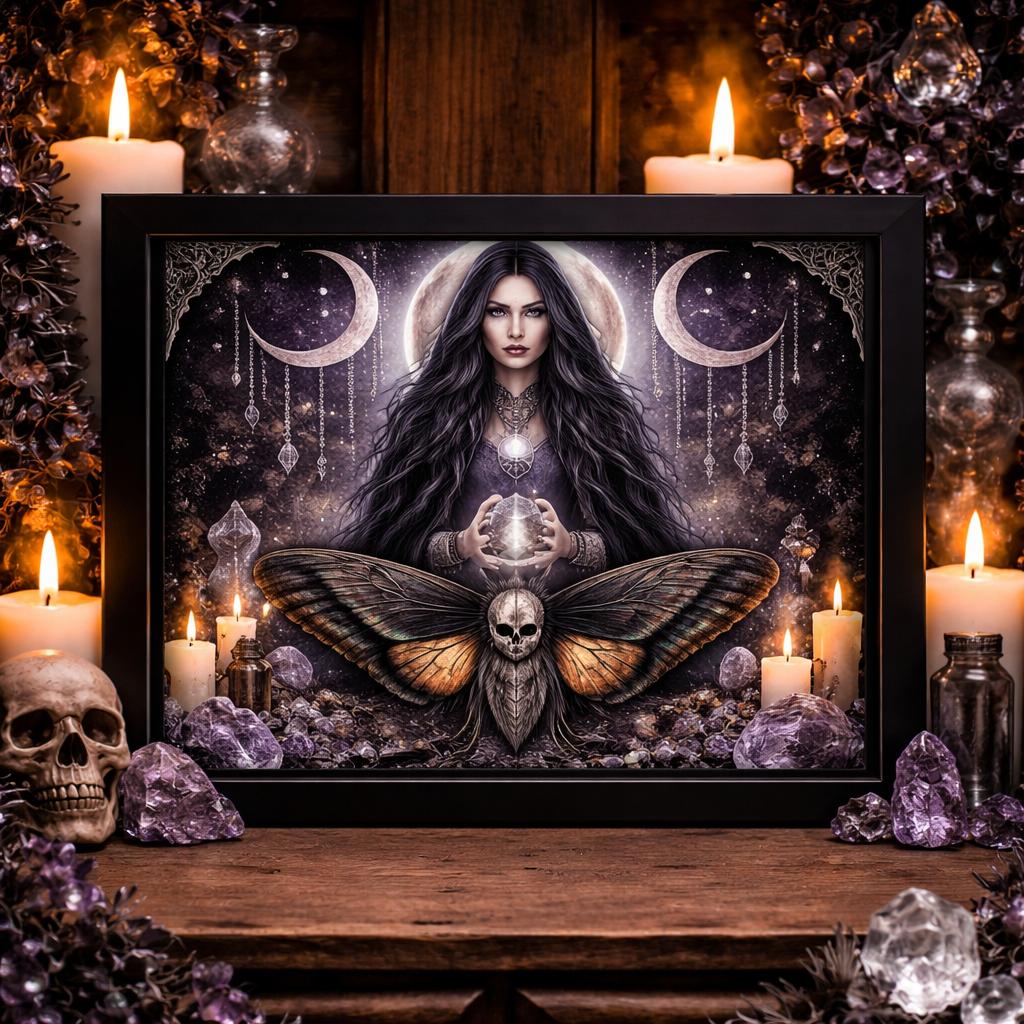 Halloween Black Framed Art Print Canvas for Witch Home Decor - Death Moth Gothic Decor with Triple Moon-MoonChildWorld