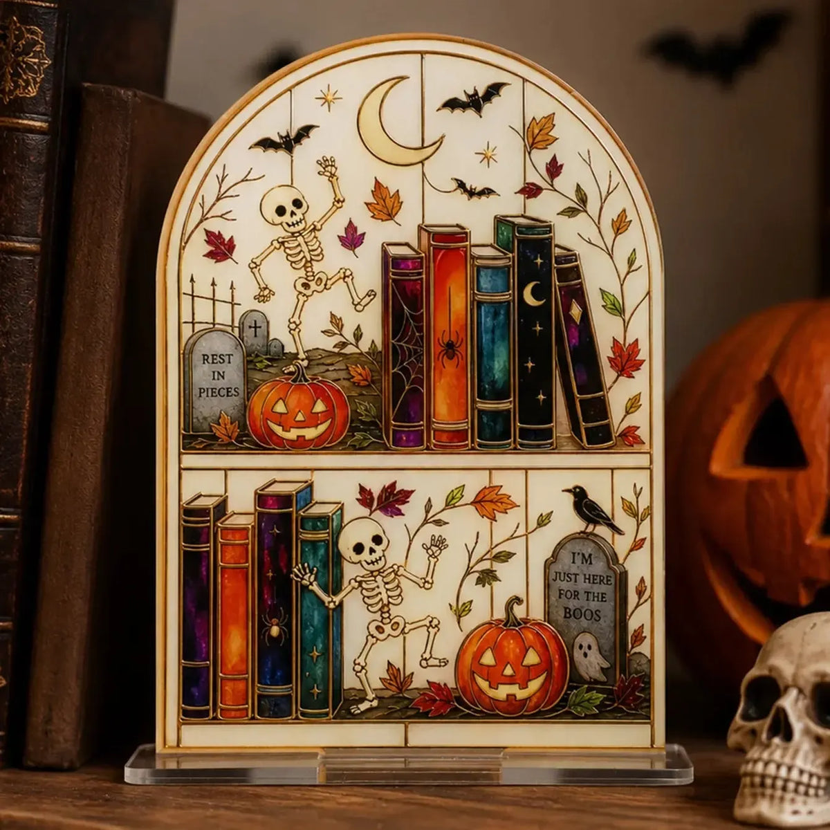 Halloween Bookshelf Table Sign, Skeleton Pumpkin Gothic Decor, product view 4 of 12