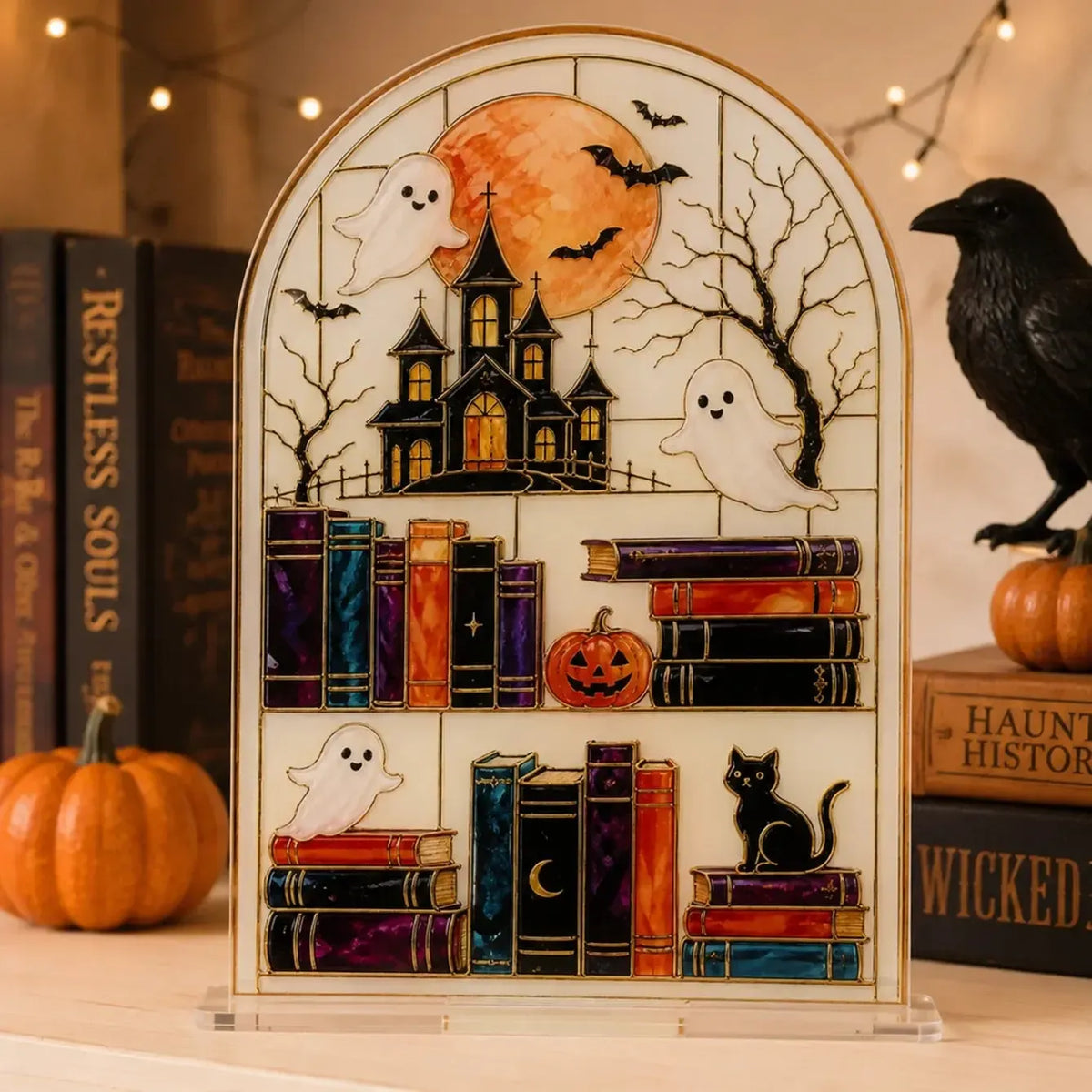 Halloween Bookshelf Table Sign, Skeleton Pumpkin Gothic Decor, product view 6 of 12