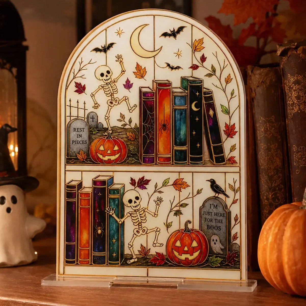 Halloween Bookshelf Table Sign, Skeleton Pumpkin Gothic Decor, product view 1 of 12