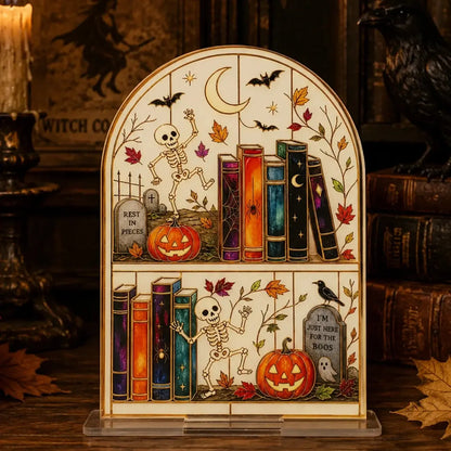Halloween Bookshelf Table Sign, Skeleton Pumpkin Gothic Decor, product view 5 of 12