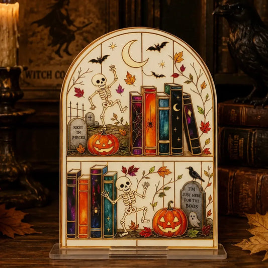 Halloween Bookshelf Table Sign, Skeleton Pumpkin Gothic Decor, product view 5 of 12