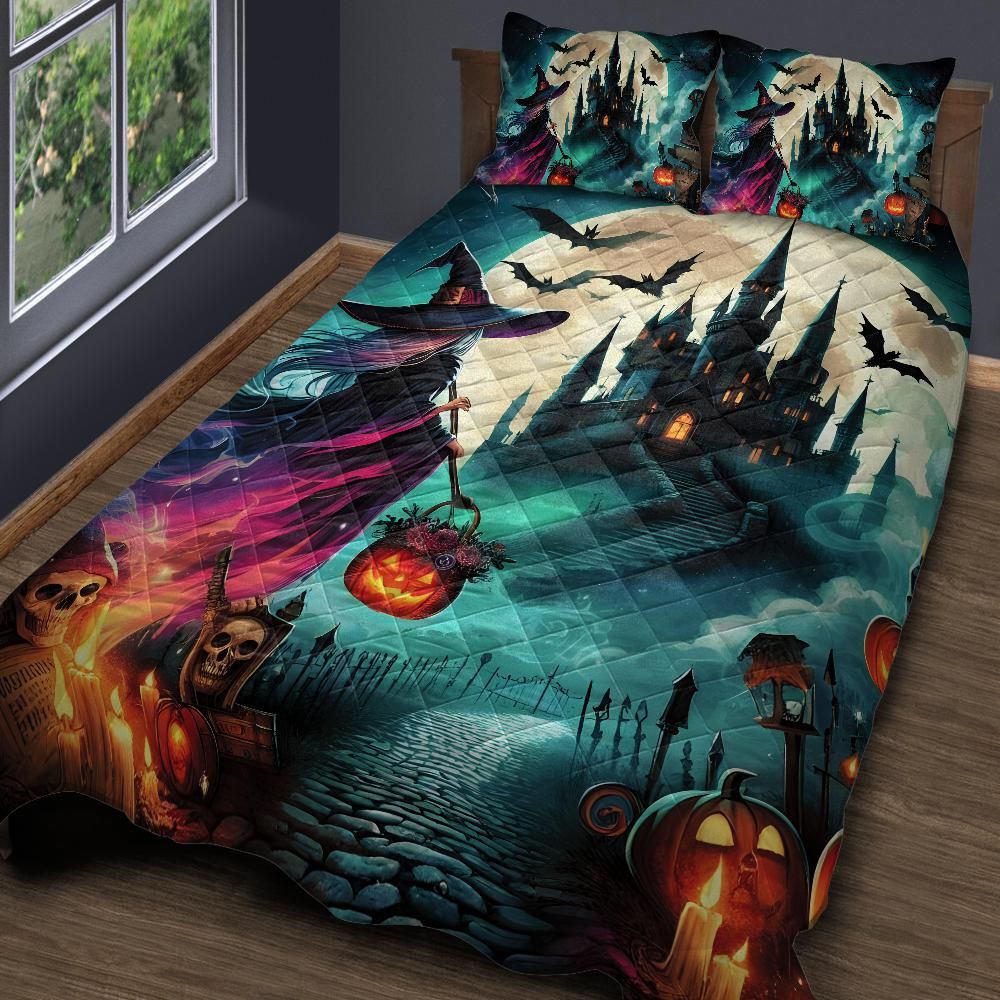Halloween Castle and Gothic Witch Quilt Bedding Set-MoonChildWorld