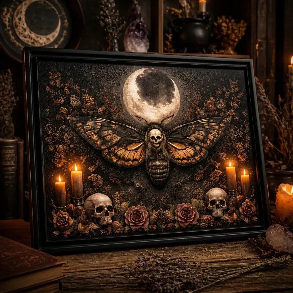 Halloween Death Moth Canvas Wall Art - Moon Moth Black Framed Print for Gothic Witch Decor_mockup_3.webp