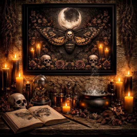 Gothic black framed canvas art with a death moth, full moon, skulls, and roses, surrounded by candles and witchy decor.