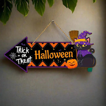 Halloween Decorative Arrow Wooden Sign with Witch Cat, Pumpkin - Witch Welcome Sign Spooky Home Decor-MoonChildWorld