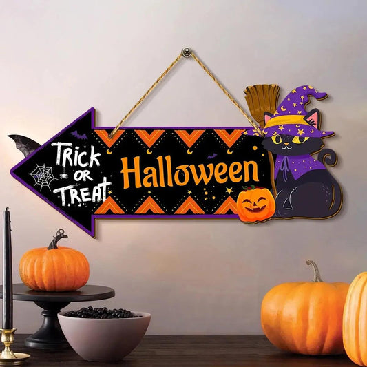 Halloween Decorative Arrow Wooden Sign with Witch Cat, Pumpkin - Witch Welcome Sign Spooky Home Decor-MoonChildWorld