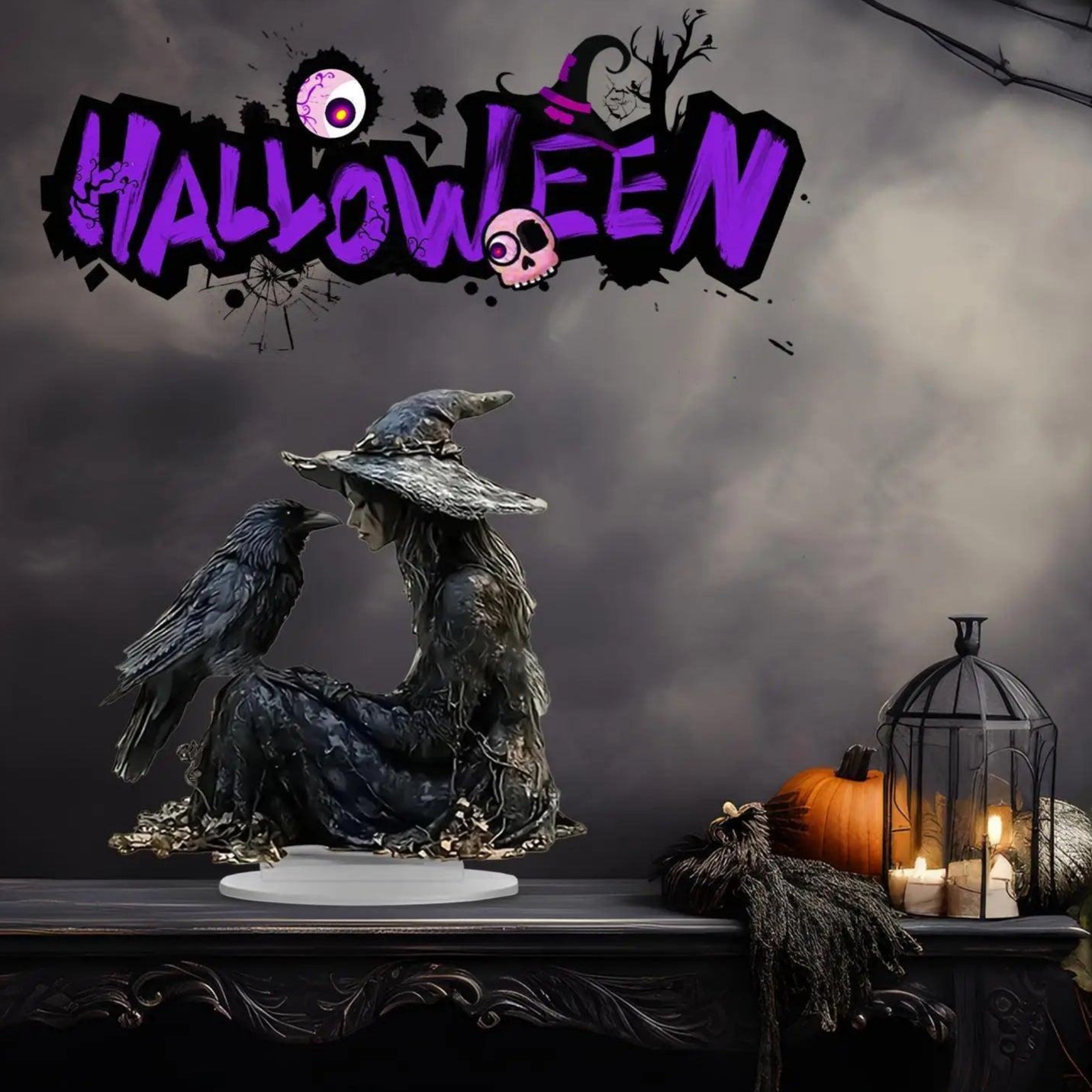 Halloween Desk Decor 2D Acrylic Table Ornament - Gothic Witch and Crow Ornament for Halloween-MoonChildWorld