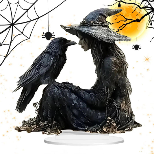 Halloween Desk Decor 2D Acrylic Table Ornament - Gothic Witch and Crow Ornament for Halloween-MoonChildWorld