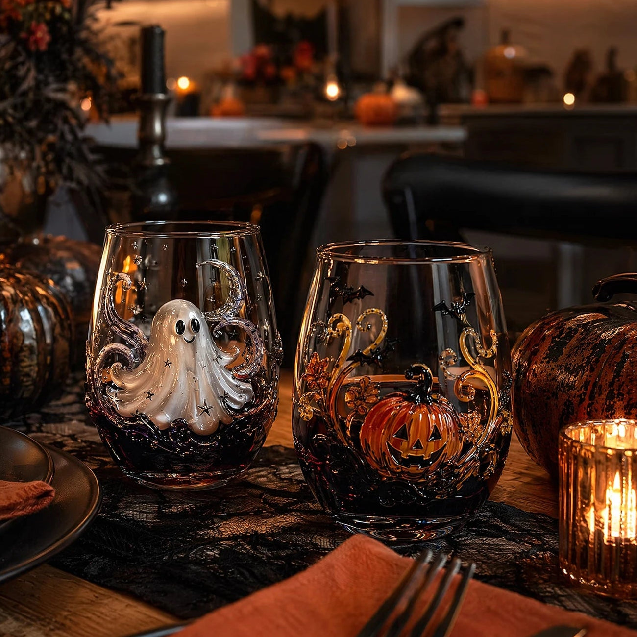 Halloween ghost and pumpkin 3D glasses set on dinner table with candles
