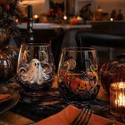 Halloween ghost and pumpkin 3D glasses set on dinner table with candles