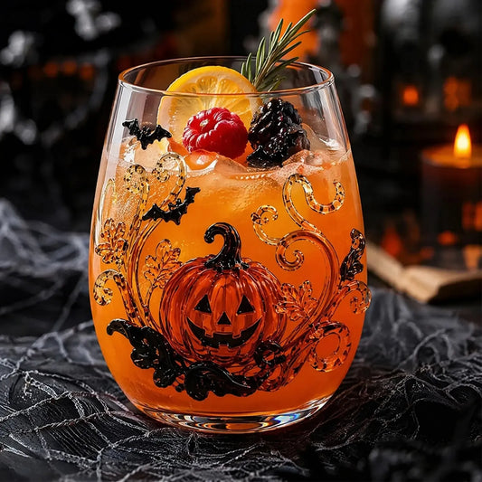 Halloween pumpkin 3D stemless glass filled with orange cocktail and citrus garnish