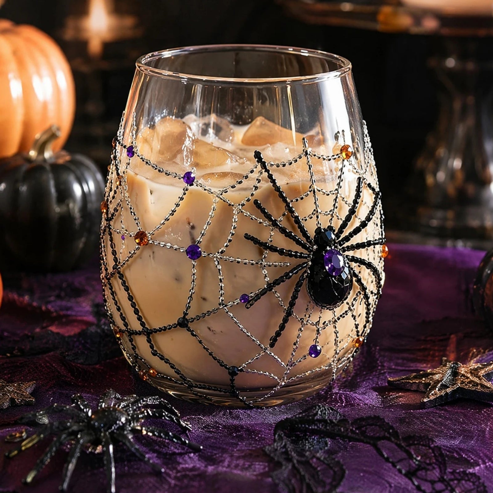Halloween spider web 3D glass with creamy cocktail and decorative spiders