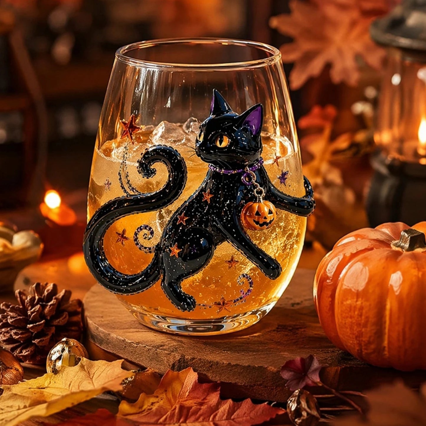 Halloween black cat 3D stemless glass with golden cocktail on autumn table