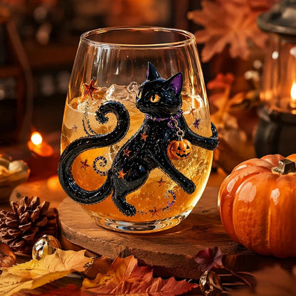 Halloween black cat 3D stemless glass with golden cocktail on autumn table