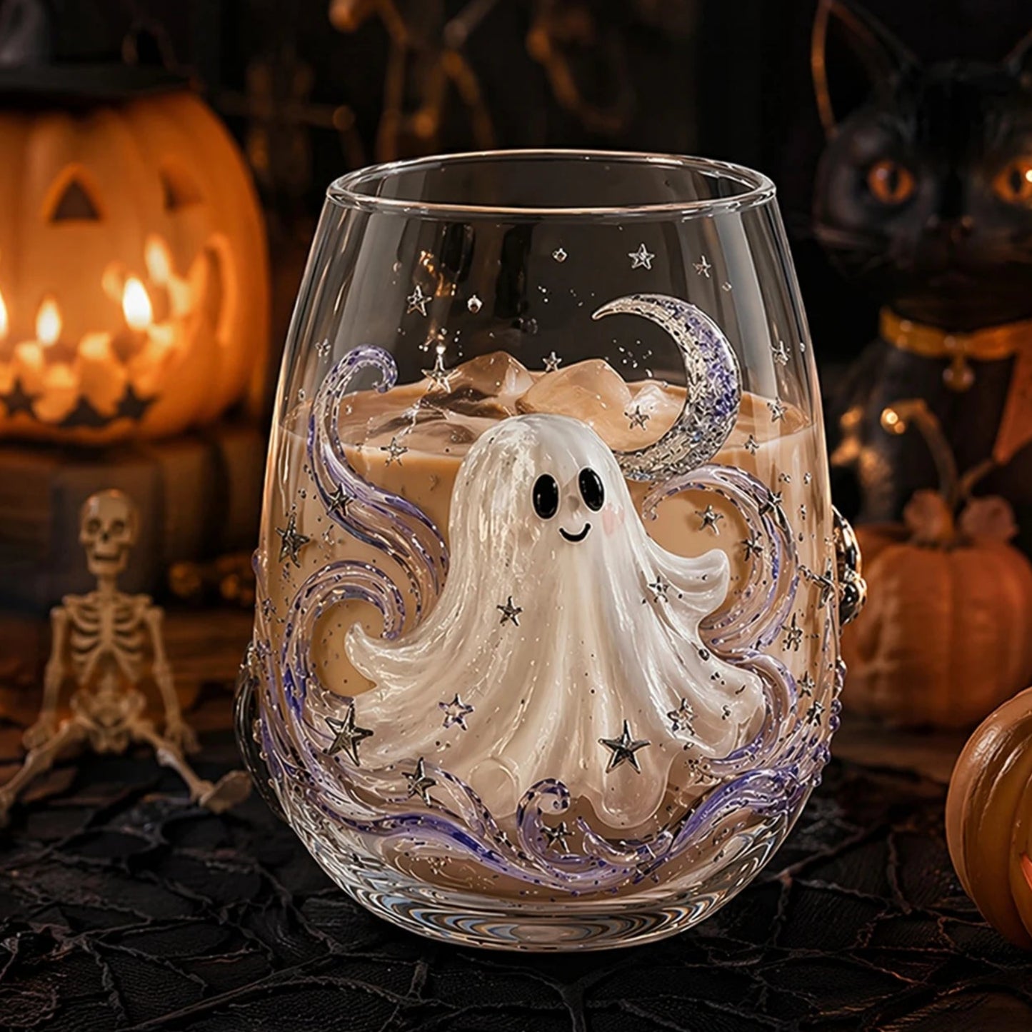 Halloween cute ghost 3D glass with moon and stars filled with creamy drink
