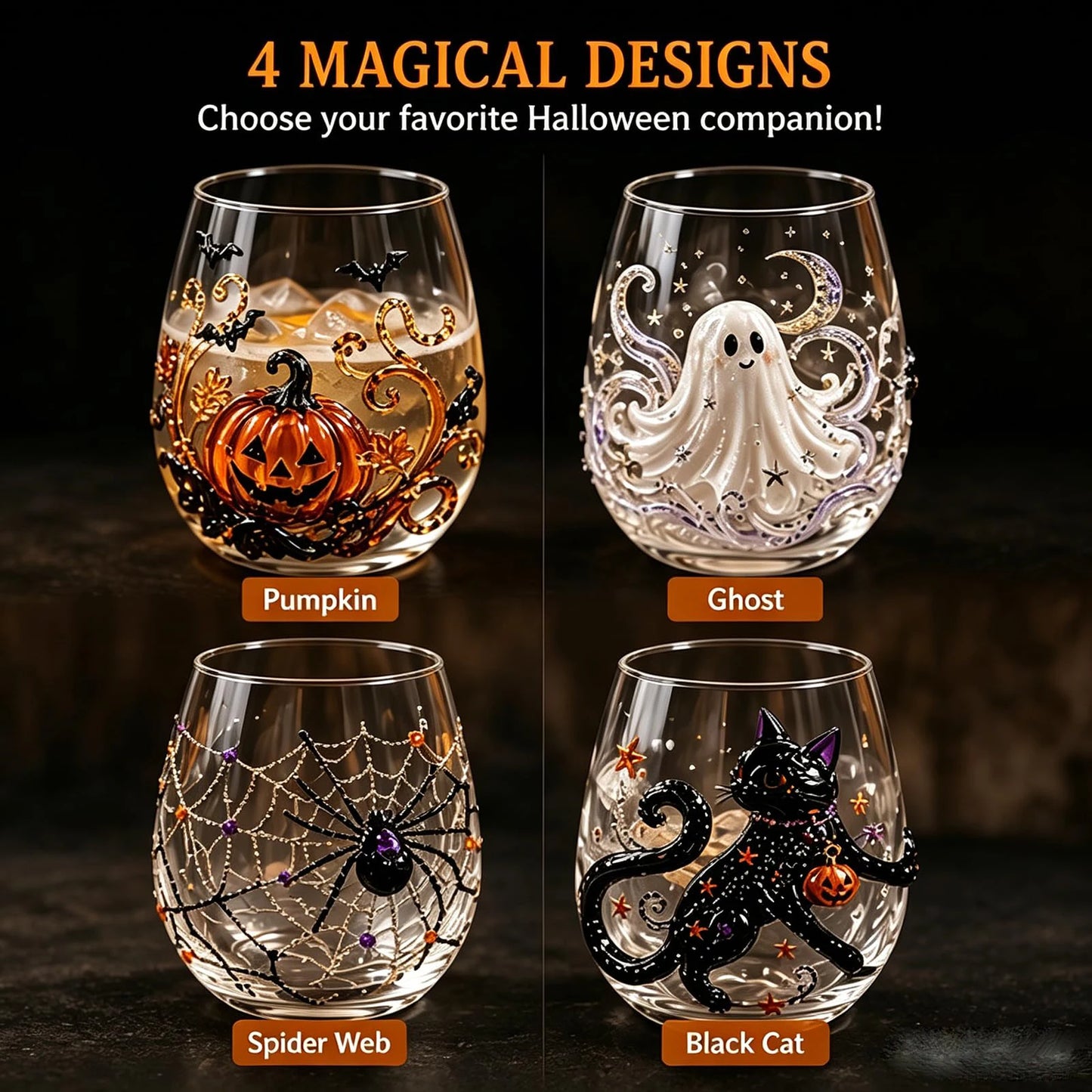 Halloween 3D stemless glass designs chart - pumpkin ghost spider web and black cat options