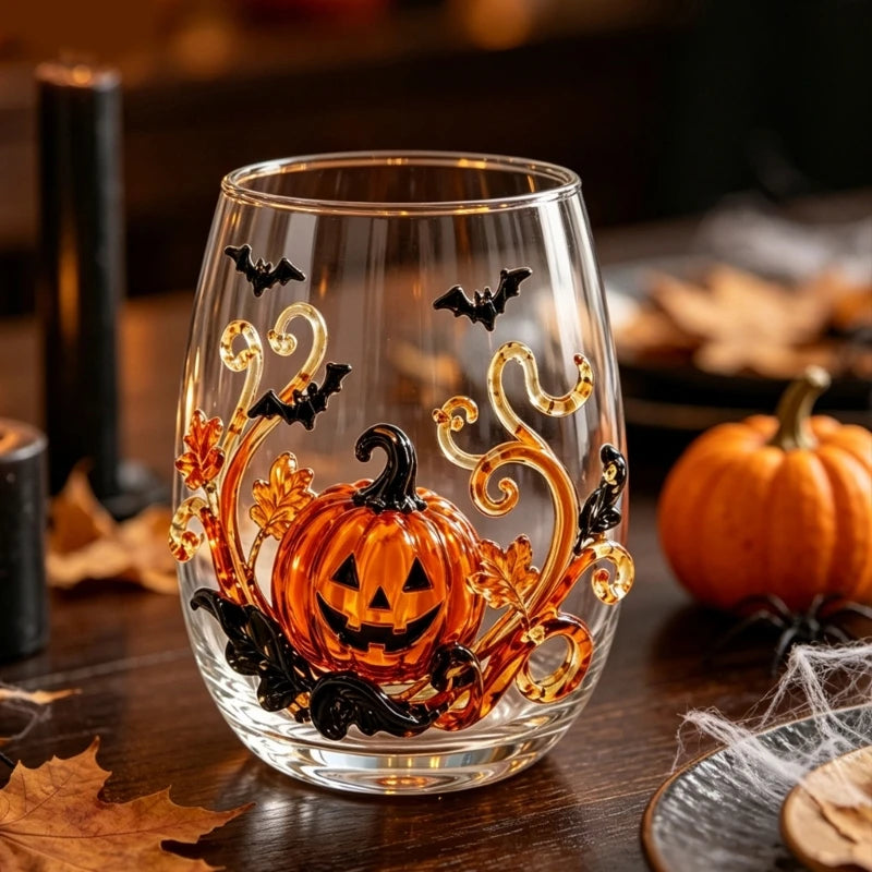 Halloween pumpkin 3D raised glass design close-up with bats on wooden table