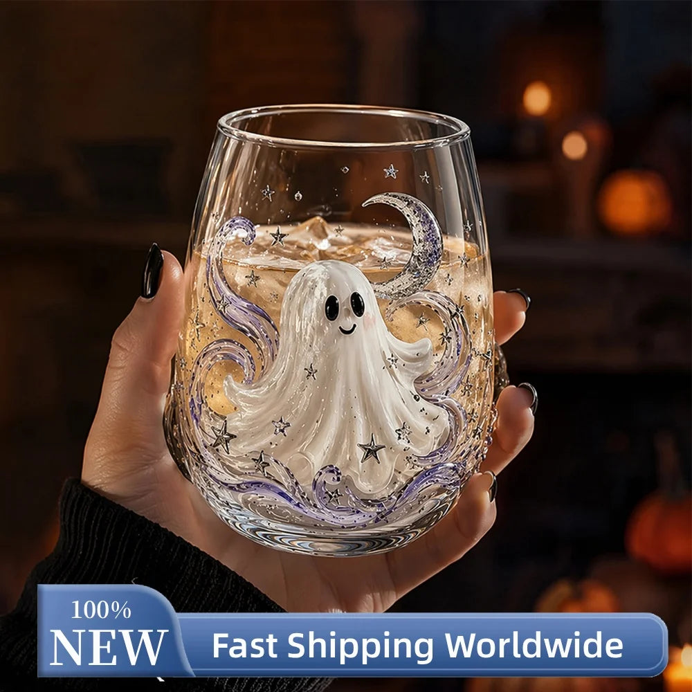 Hand holding Halloween ghost 3D stemless glass with moon and stars design