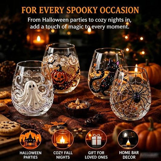 Halloween 3D stemless wine glasses set with ghost pumpkin black cat and spider designs on cozy bar cart