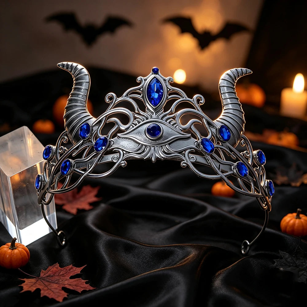 Close-up of the evil eye centrepiece on the horn tiara