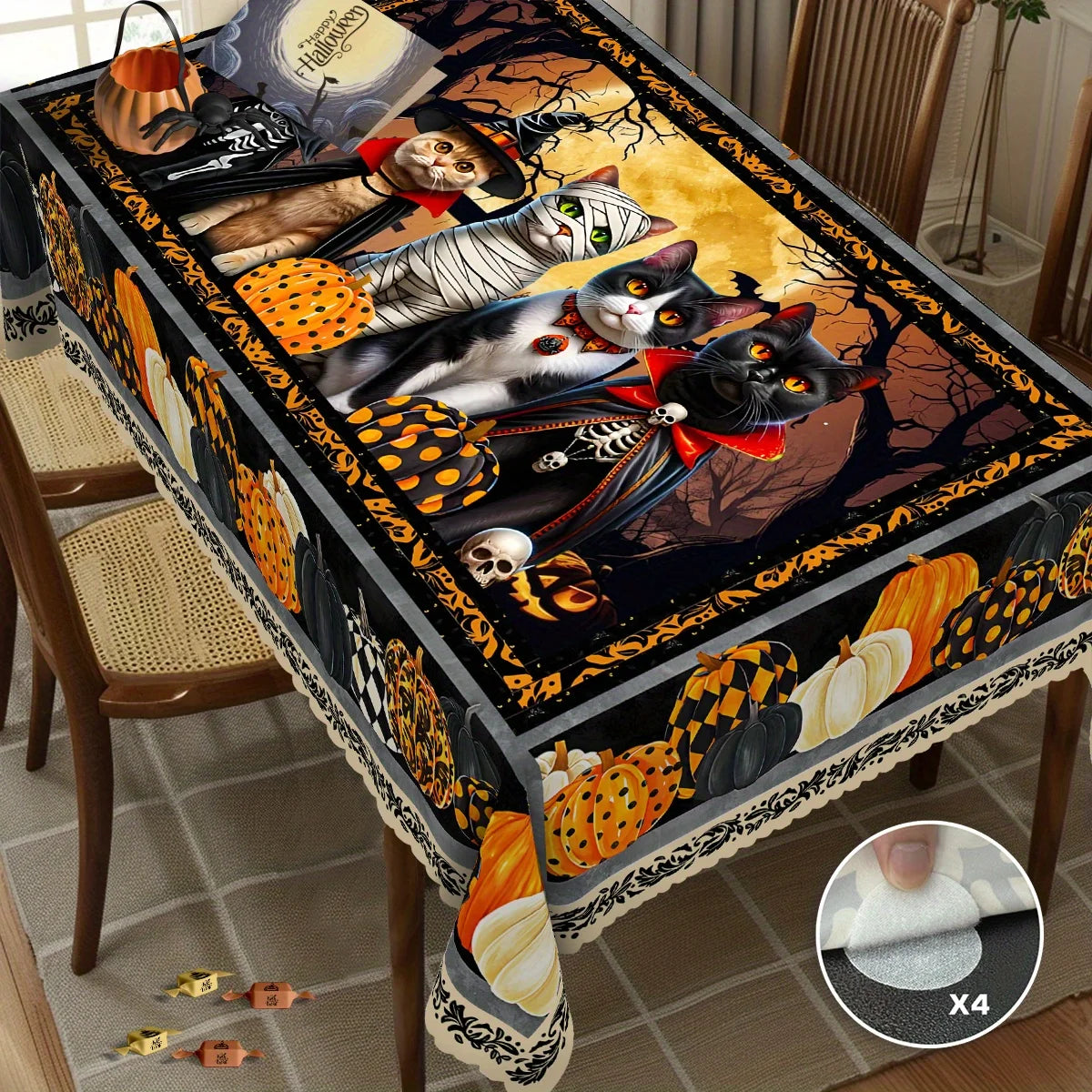Halloween Ghost Cat Pumpkin Tablecloth Spooky Table Decor-MoonChildWorld