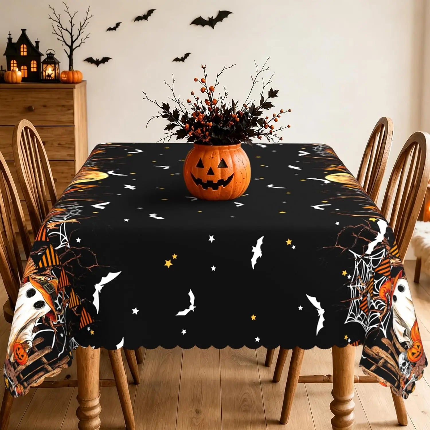 Halloween Ghost Pumpkin Spider Web Rectangle Tablecloth-MoonChildWorld