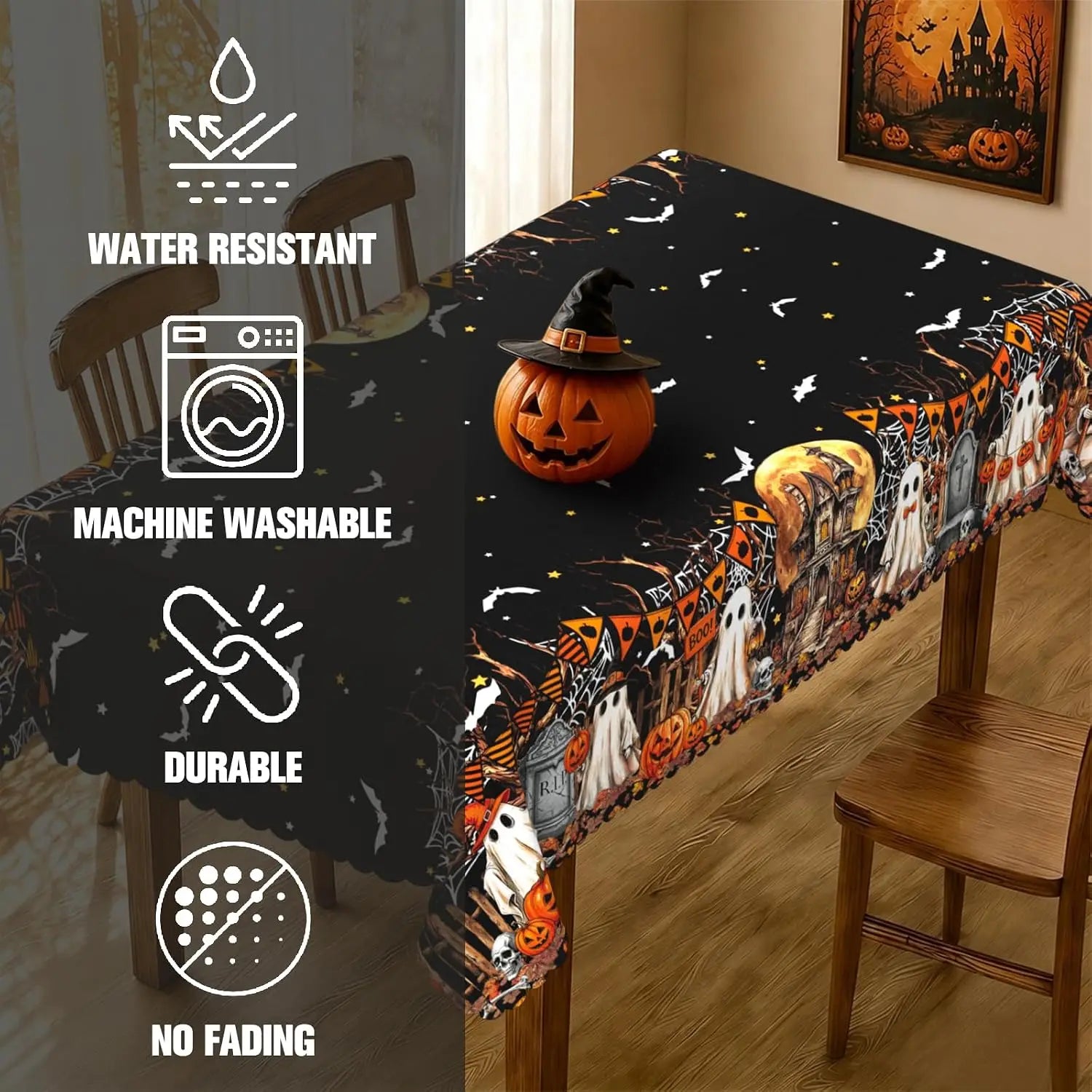Halloween Ghost Pumpkin Spider Web Rectangle Tablecloth-MoonChildWorld