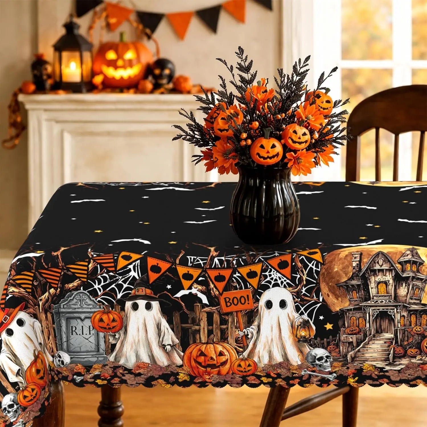 Halloween Ghost Pumpkin Spider Web Rectangle Tablecloth-MoonChildWorld