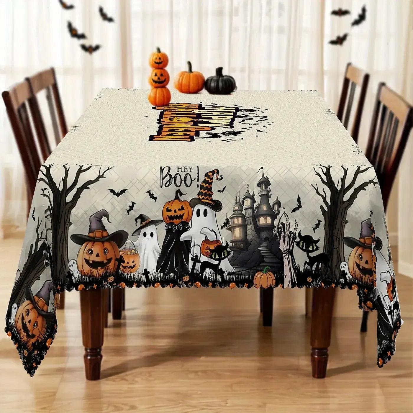 Halloween Ghosts Black Cats Spooky Tablecloth Gothic Table Decor Witch Home Decorations-MoonChildWorld