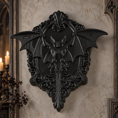 Black gothic bat relief wall plaque with detailed baroque carving on a light vintage wall