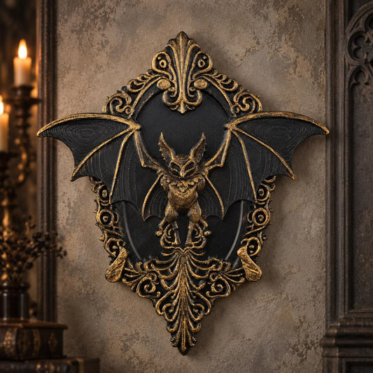 Black and antique gold bat relief wall plaque with baroque scrollwork on a gothic witchy room wall