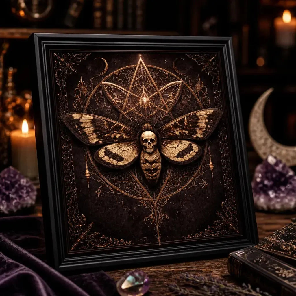 Halloween Gothic Death Moth Art - Witchy Black Framed Canvas Wall Decor for Dark academia_mockup_3.webp